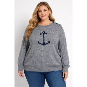 Nautica Gray Anchor Logo Sweater Women's Size 2XL Button Shoulder Knit Top